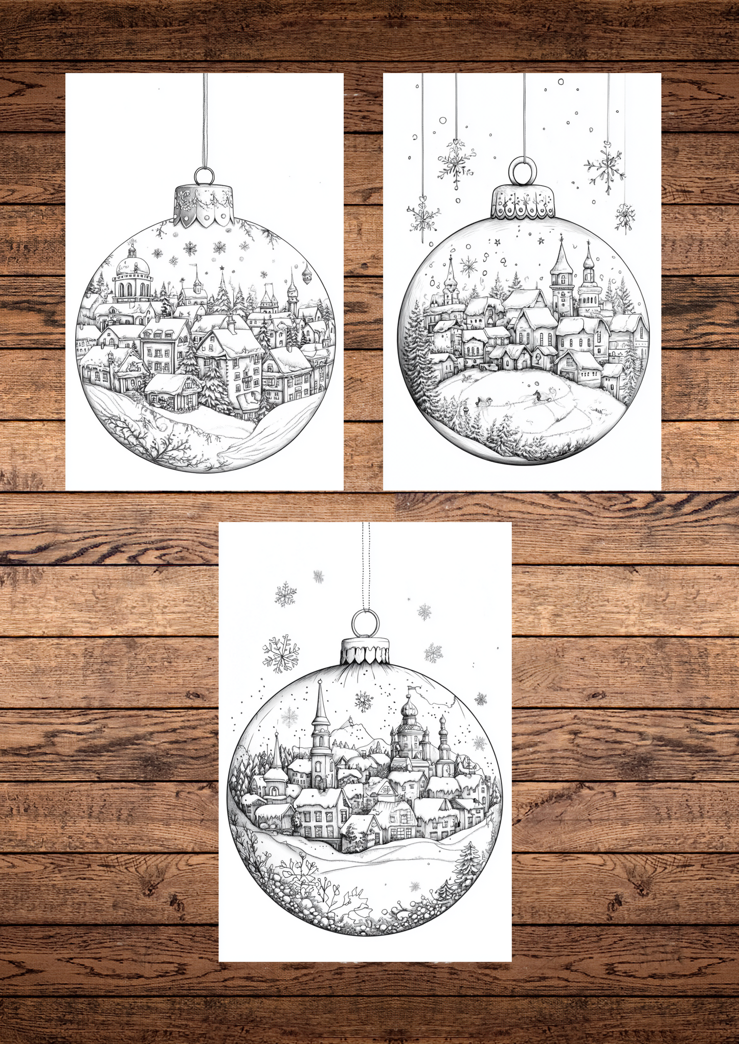 35 Christmas Town & Cities In Christmas Tree Balls, Christmas Coloring Pages, Adult & Kids Coloring Pages, Greyscale
