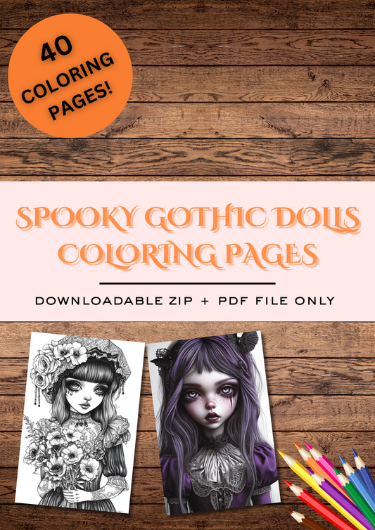 40 Scary Gothic Dolls, Halloween Coloring Pages, Adults & For Kids, Instant Download, Greyscale, Printable Coloring Pages