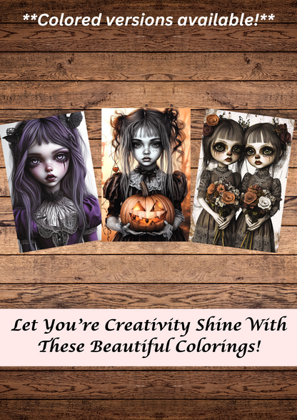 40 Scary Gothic Dolls, Halloween Coloring Pages, Adults & For Kids, Instant Download, Greyscale, Printable Coloring Pages