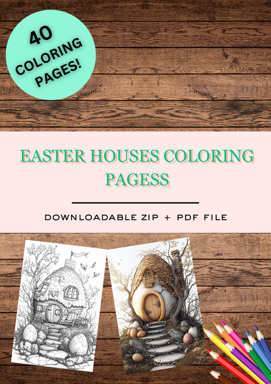 40 Easter Houses, Easter Coloring Pages, Adults + Kids Coloring, Instant Download, Greyscale, Printable Coloring Pages