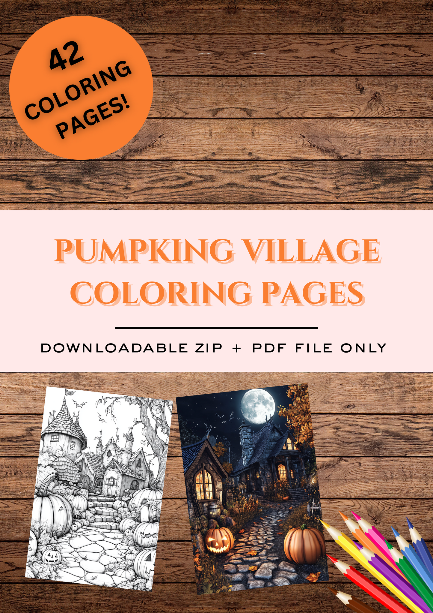 42 Pumpkin Villages, Halloween Coloring Pages, Adults & For Kids, Instant Download, Greyscale, Printable Coloring Pages