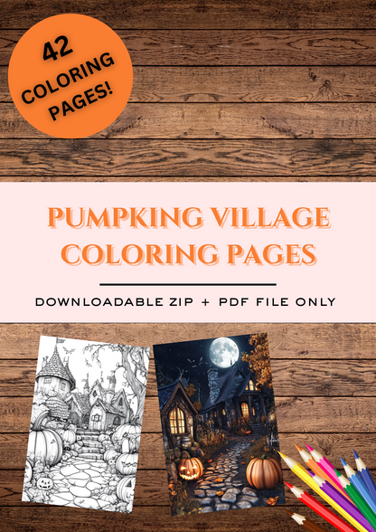 42 Pumpkin Villages, Halloween Coloring Pages, Adults & For Kids, Instant Download, Greyscale, Printable Coloring Pages