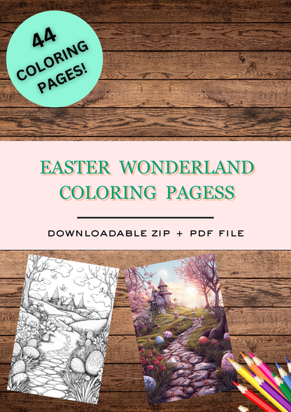 44 Easter Wonderlands, Easter Coloring Pages, Adults Coloring, Instant Download, Greyscale, Printable Coloring Pages