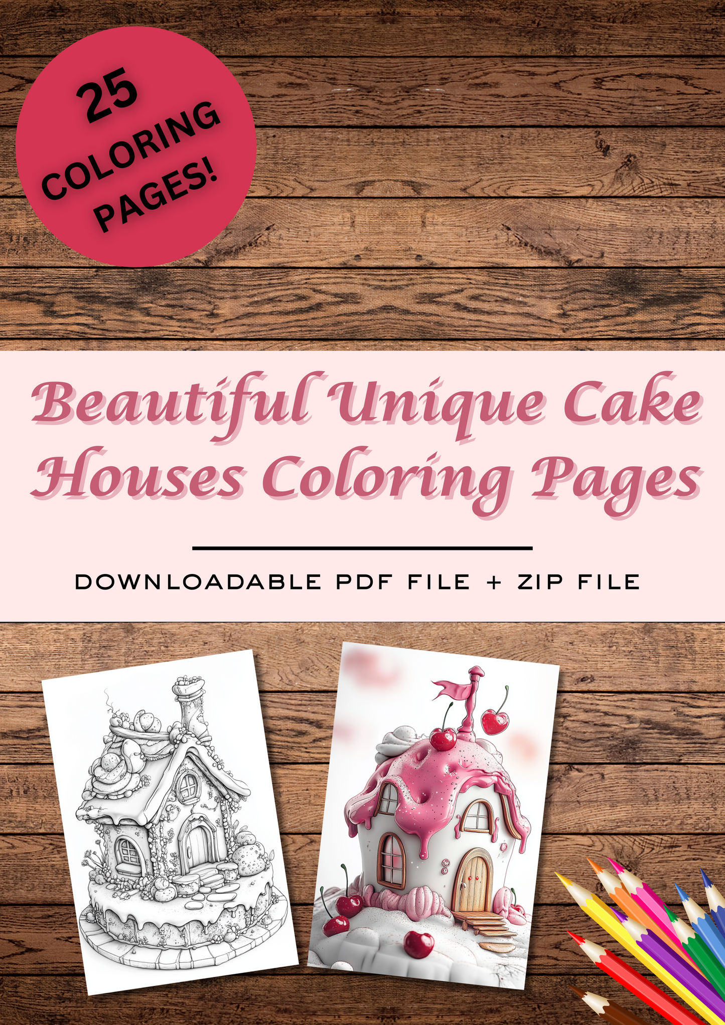 25 Beautiful Unique Cake Houses coloring pages, Adult & Kids, Instant Download, Greyscale, Printable Coloring Pages