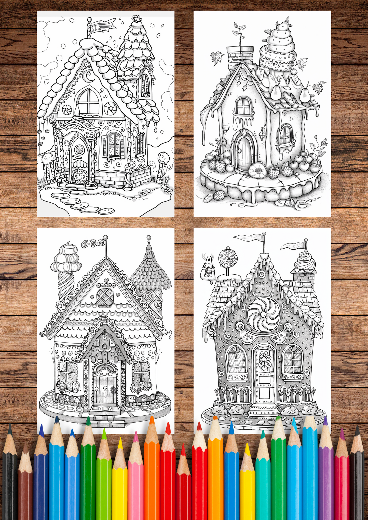 25 Beautiful Unique Cake Houses coloring pages, Adult & Kids, Instant Download, Greyscale, Printable Coloring Pages