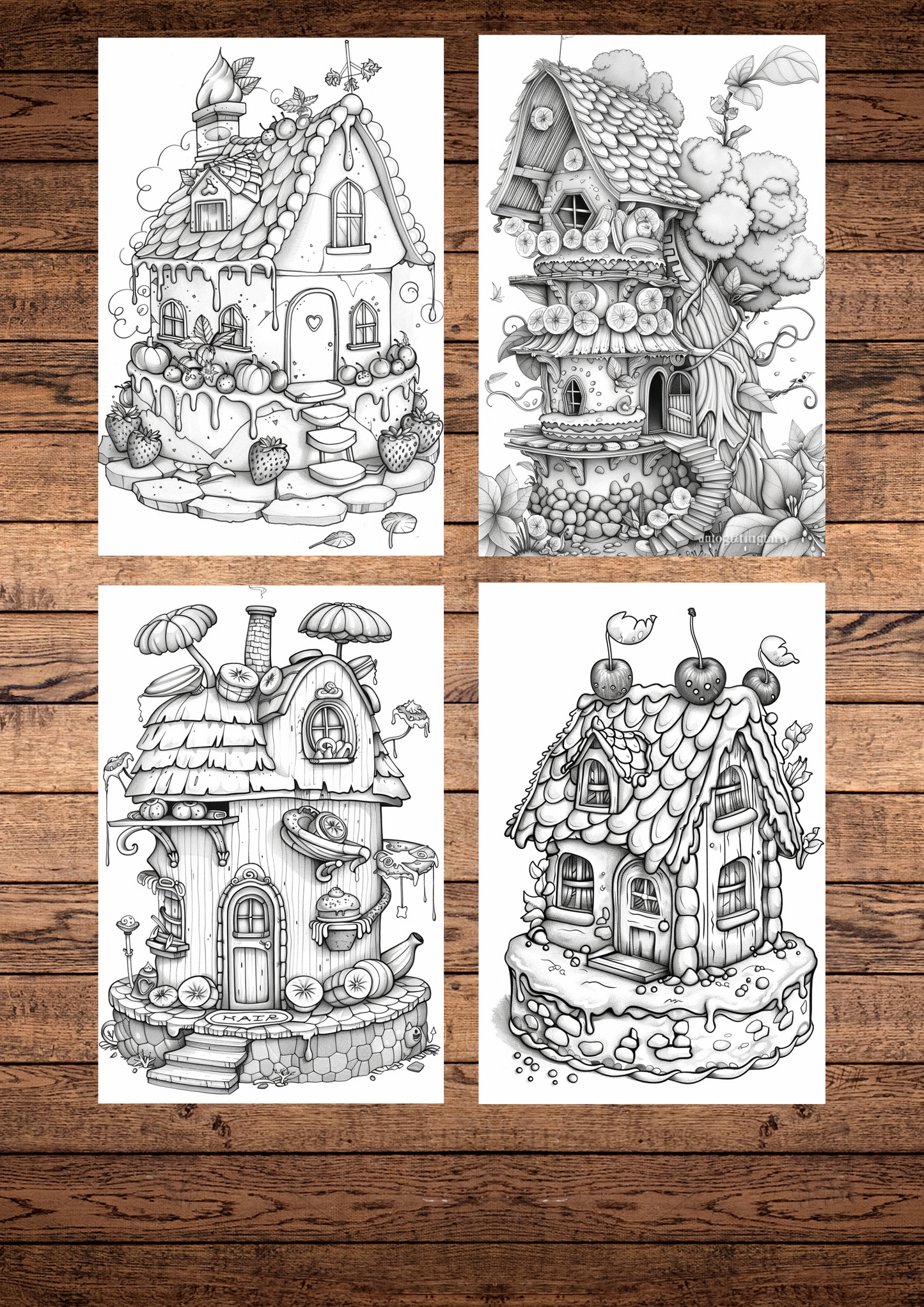 25 Beautiful Unique Cake Houses coloring pages, Adult & Kids, Instant Download, Greyscale, Printable Coloring Pages