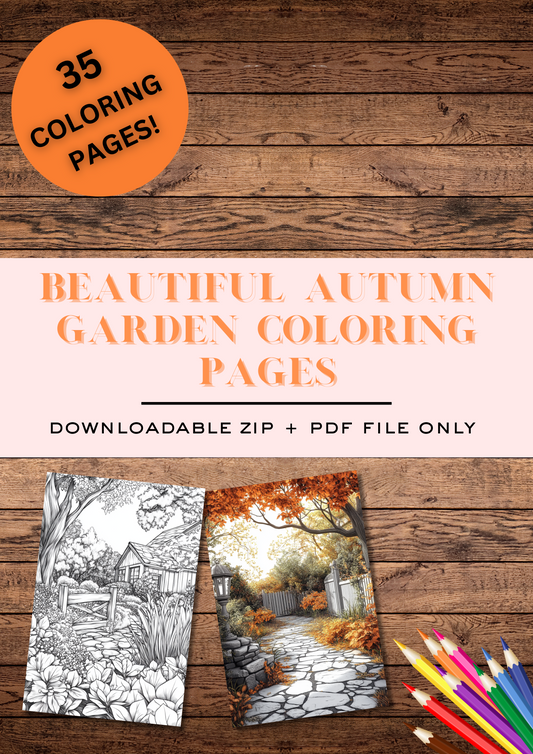 35 Beautiful Autumn Gardens, Autumn Coloring Pages, Adults Coloring, Instant Download, Greyscale, Printable Coloring Pages