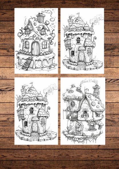 25 Beautiful Unique Cake Houses coloring pages, Adult & Kids, Instant Download, Greyscale, Printable Coloring Pages