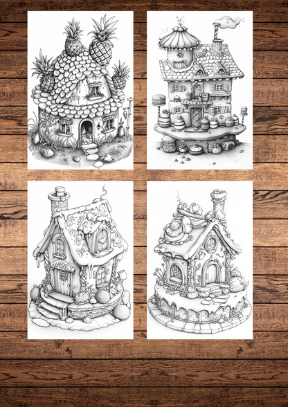 25 Beautiful Unique Cake Houses coloring pages, Adult & Kids, Instant Download, Greyscale, Printable Coloring Pages