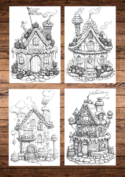 25 Beautiful Unique Cake Houses coloring pages, Adult & Kids, Instant Download, Greyscale, Printable Coloring Pages