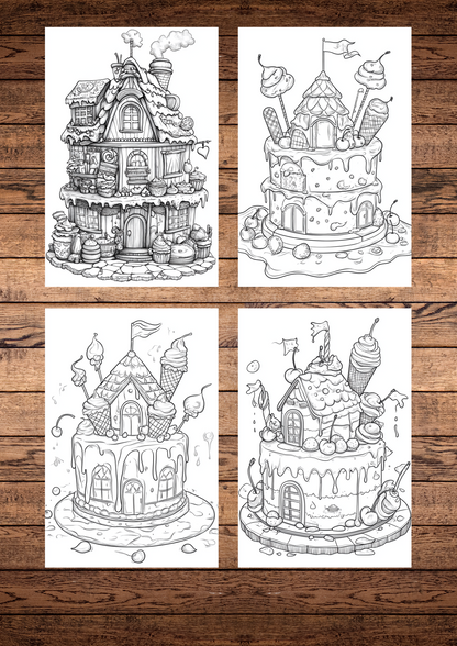 25 Beautiful Unique Cake Houses coloring pages, Adult & Kids, Instant Download, Greyscale, Printable Coloring Pages