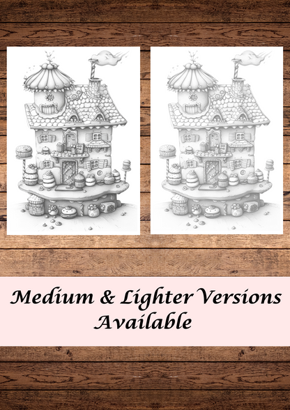 25 Beautiful Unique Cake Houses coloring pages, Adult & Kids, Instant Download, Greyscale, Printable Coloring Pages