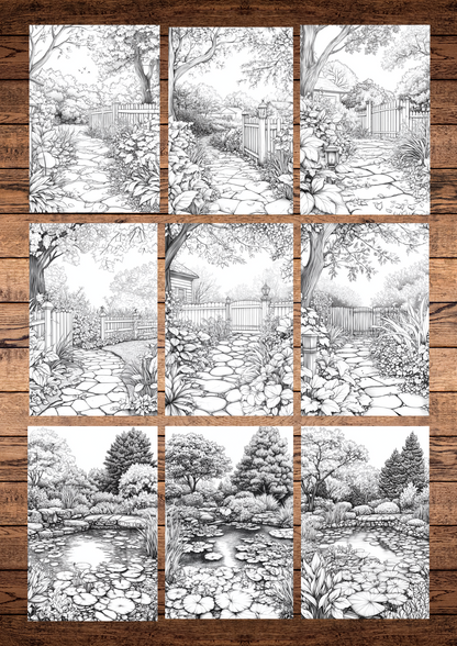 35 Beautiful Autumn Gardens, Autumn Coloring Pages, Adults Coloring, Instant Download, Greyscale, Printable Coloring Pages