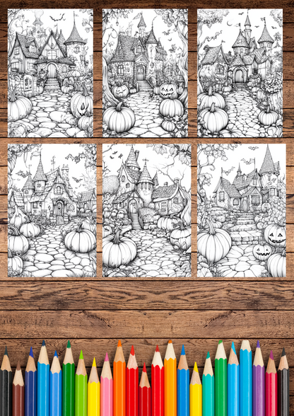 42 Pumpkin Villages, Halloween Coloring Pages, Adults & For Kids, Instant Download, Greyscale, Printable Coloring Pages