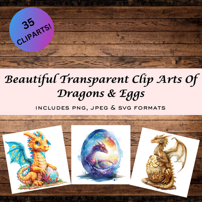 35 Watercolor Unique Dragon and Easter Eggs Clipart, png + jpeg, instant print and download, vibrant colors, commercial use