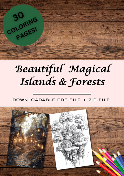 30 Magical Forests & Islands, Adults & For Kids, Instant Download, Greyscale, Printable Coloring Pages