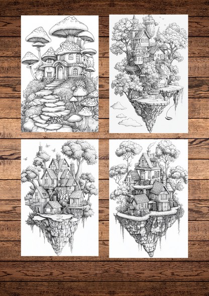 30 Magical Forests & Islands, Adults & For Kids, Instant Download, Greyscale, Printable Coloring Pages