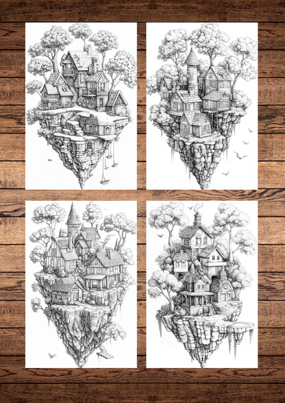 30 Magical Forests & Islands, Adults & For Kids, Instant Download, Greyscale, Printable Coloring Pages