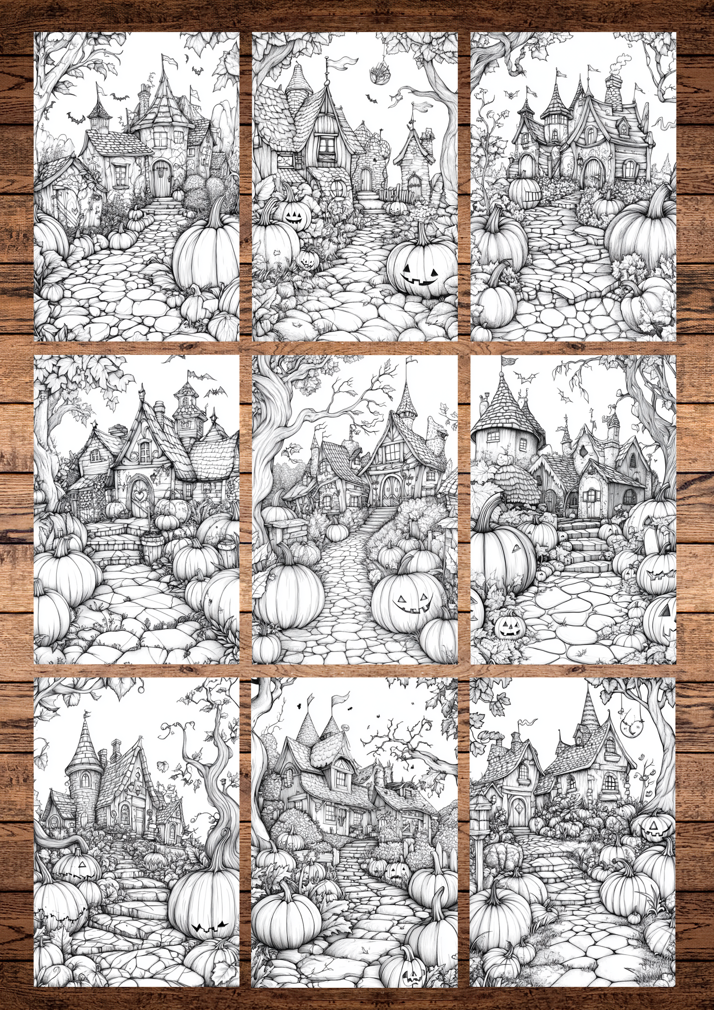 42 Pumpkin Villages, Halloween Coloring Pages, Adults & For Kids, Instant Download, Greyscale, Printable Coloring Pages