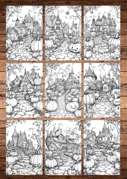 42 Pumpkin Villages, Halloween Coloring Pages, Adults & For Kids, Instant Download, Greyscale, Printable Coloring Pages