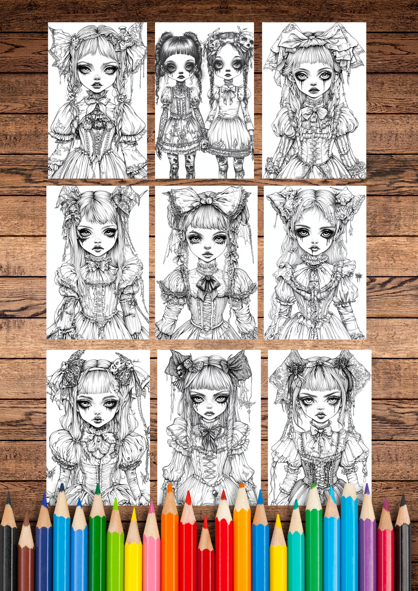 40 Scary Gothic Dolls, Halloween Coloring Pages, Adults & For Kids, Instant Download, Greyscale, Printable Coloring Pages