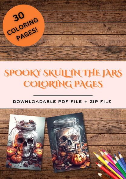 30 Spooky Skulls In The Jar, Halloween Coloring Pages, Adults & For Kids, Instant Download, Greyscale, Printable Coloring Pages