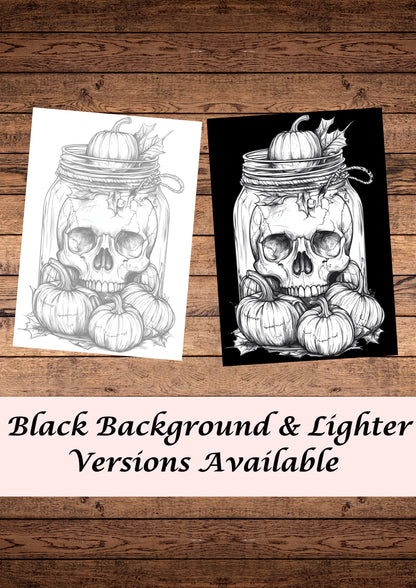 30 Spooky Skulls In The Jar, Halloween Coloring Pages, Adults & For Kids, Instant Download, Greyscale, Printable Coloring Pages