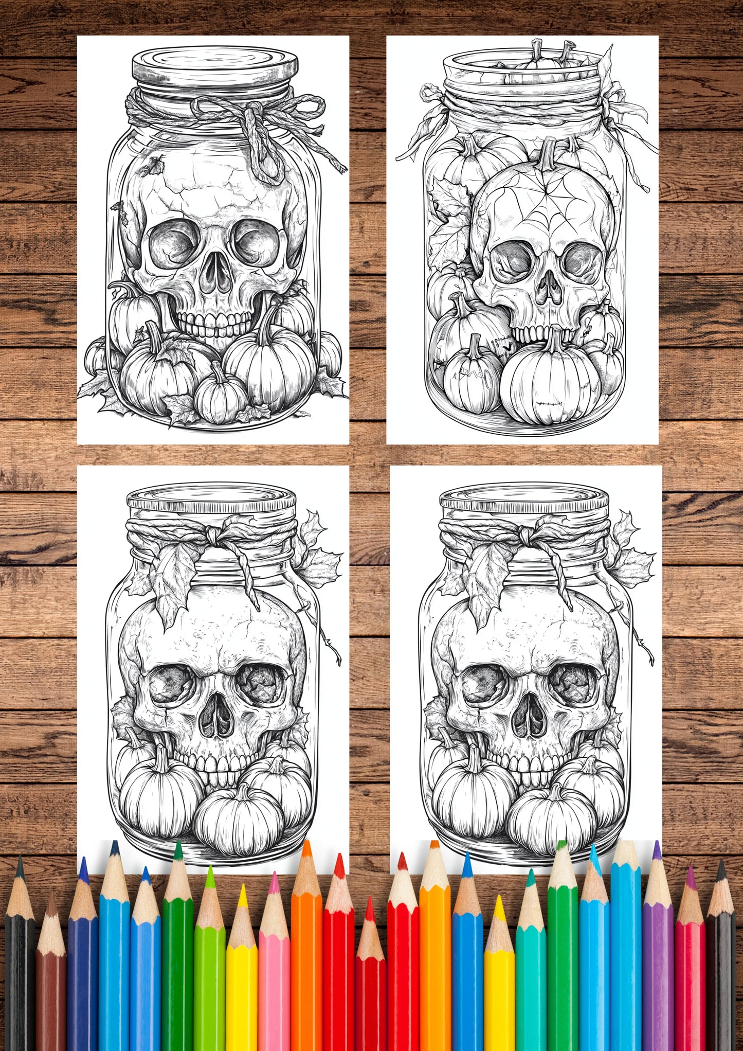 30 Spooky Skulls In The Jar, Halloween Coloring Pages, Adults & For Kids, Instant Download, Greyscale, Printable Coloring Pages