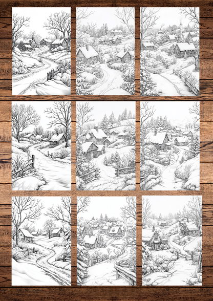 40 Frosty & Icy Winter Villages, Winter Coloring Pages, Adults Coloring, Instant Download, Greyscale, Printable Coloring Pages