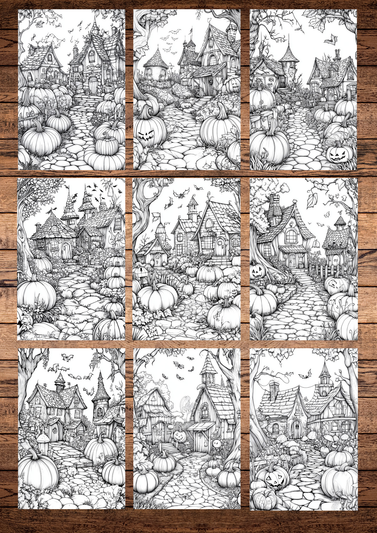 42 Pumpkin Villages, Halloween Coloring Pages, Adults & For Kids, Instant Download, Greyscale, Printable Coloring Pages