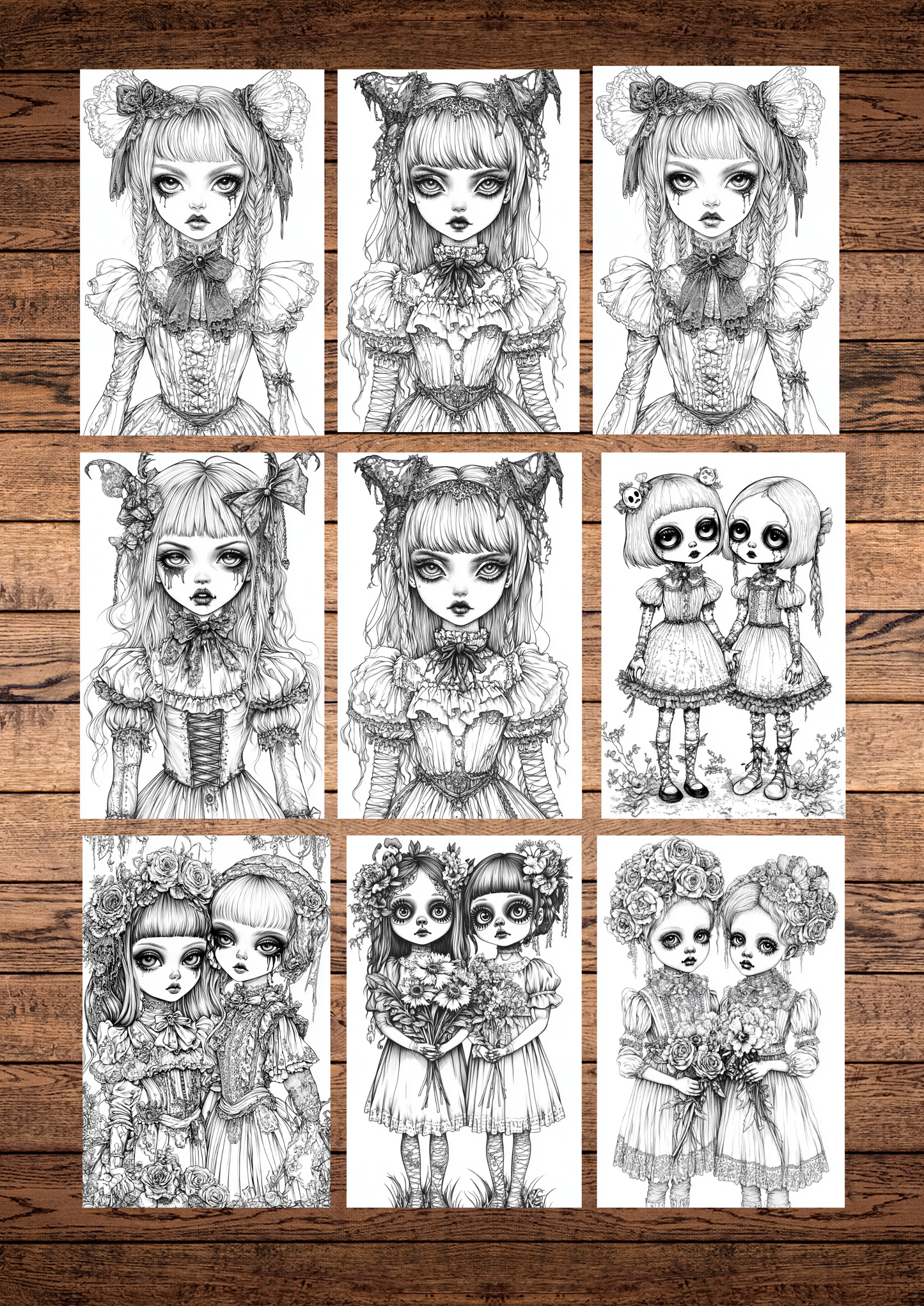 40 Scary Gothic Dolls, Halloween Coloring Pages, Adults & For Kids, Instant Download, Greyscale, Printable Coloring Pages