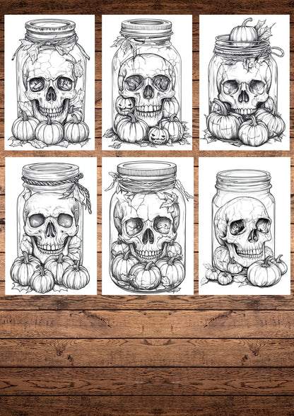 30 Spooky Skulls In The Jar, Halloween Coloring Pages, Adults & For Kids, Instant Download, Greyscale, Printable Coloring Pages