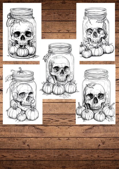 30 Spooky Skulls In The Jar, Halloween Coloring Pages, Adults & For Kids, Instant Download, Greyscale, Printable Coloring Pages