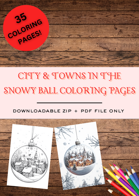 35 Christmas Town & Cities In Christmas Tree Balls, Christmas Coloring Pages, Adult & Kids Coloring Pages, Greyscale