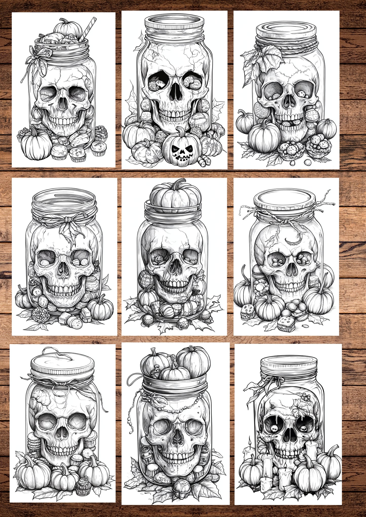 30 Spooky Skulls In The Jar, Halloween Coloring Pages, Adults & For Kids, Instant Download, Greyscale, Printable Coloring Pages