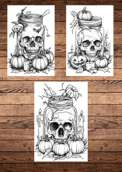 30 Spooky Skulls In The Jar, Halloween Coloring Pages, Adults & For Kids, Instant Download, Greyscale, Printable Coloring Pages