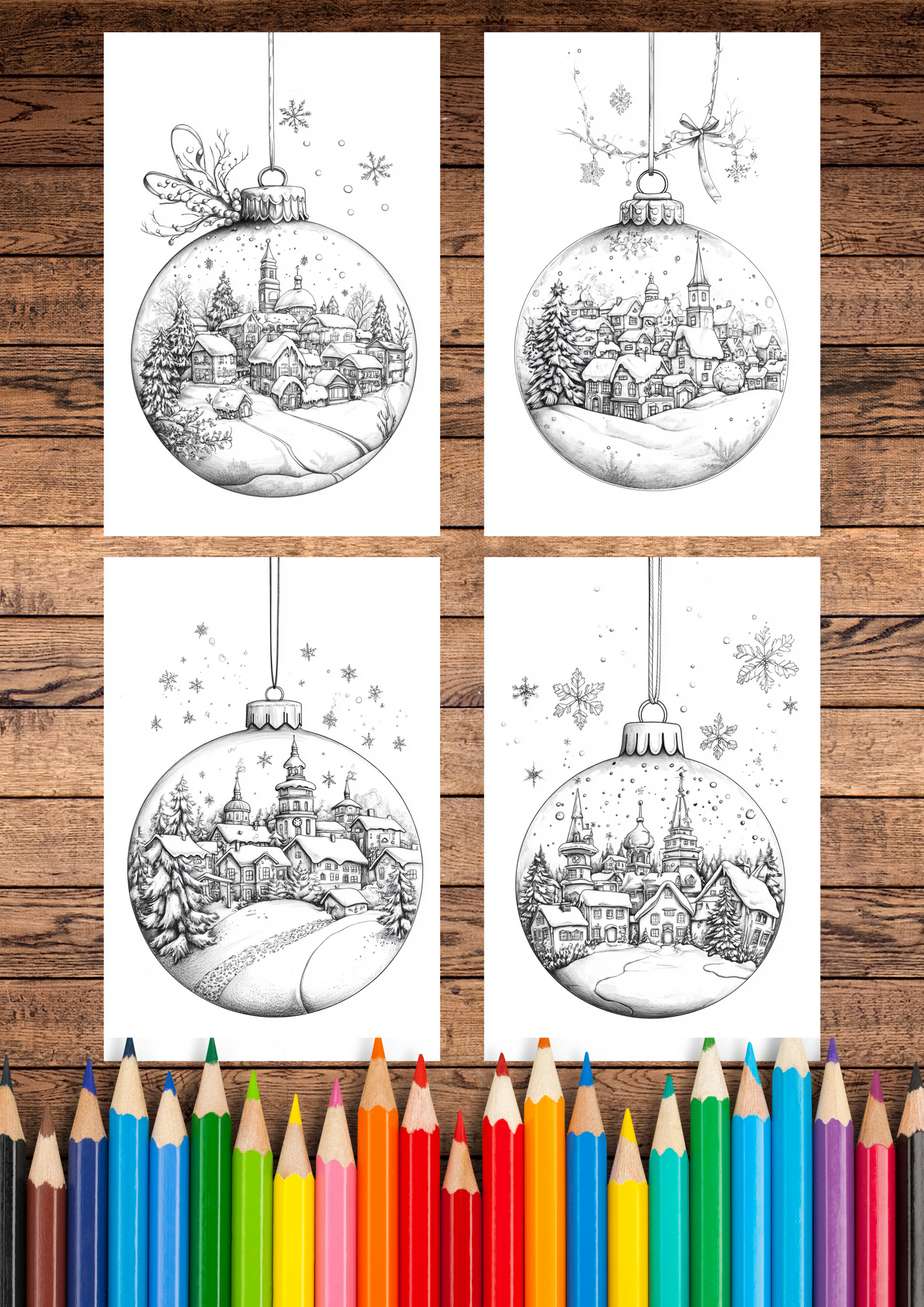 35 Christmas Town & Cities, Christmas Coloring Pages, Adult & Kids Coloring Pages, Greyscale