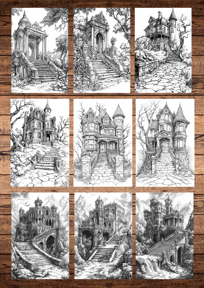 30 Haunted Forgotten Palaces, Halloween Coloring Pages, Adults & For Kids, Instant Download, Greyscale, Printable Coloring Pages