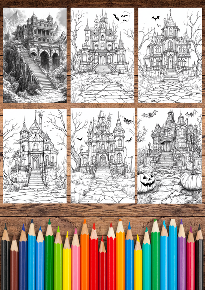 30 Haunted Forgotten Palaces, Halloween Coloring Pages, Adults & For Kids, Instant Download, Greyscale, Printable Coloring Pages