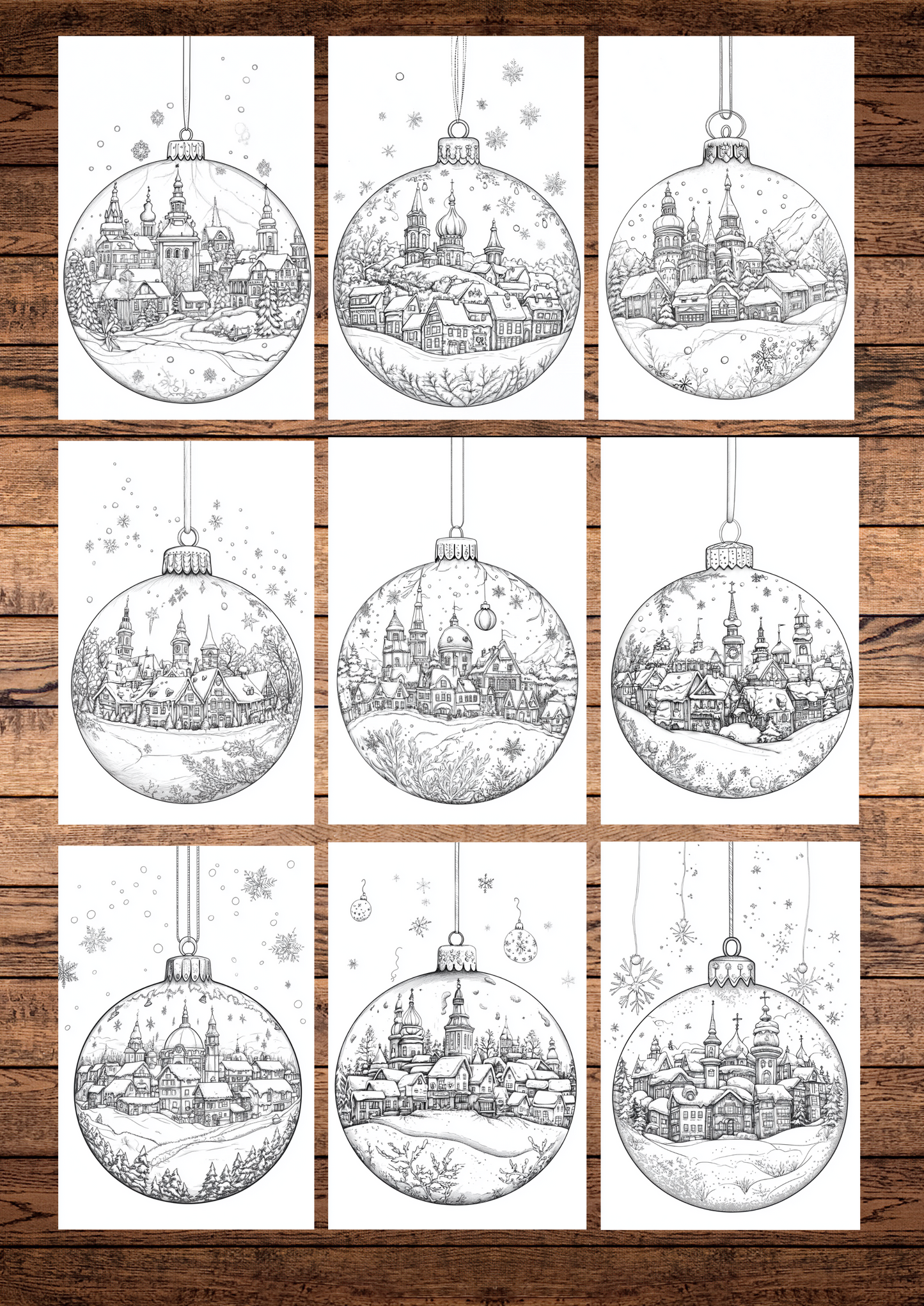 35 Christmas Town & Cities, Christmas Coloring Pages, Adult & Kids Coloring Pages, Greyscale