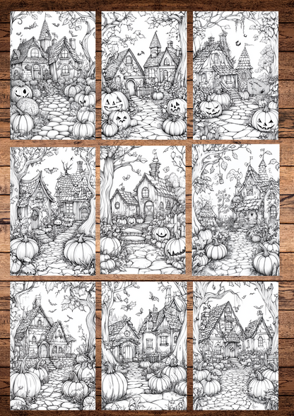 42 Pumpkin Villages, Halloween Coloring Pages, Adults & For Kids, Instant Download, Greyscale, Printable Coloring Pages