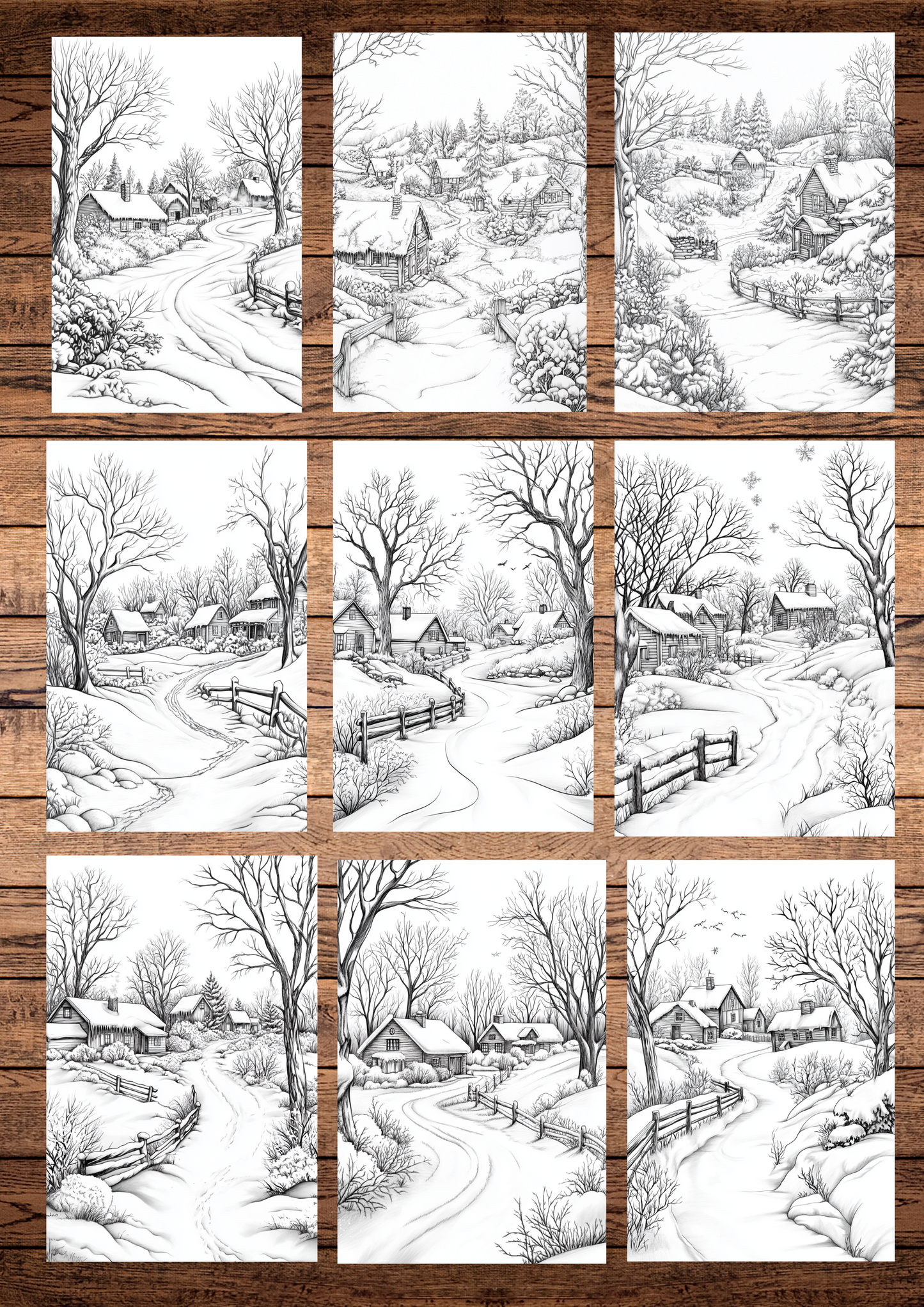 40 Frosty & Icy Winter Villages, Winter Coloring Pages, Adults Coloring, Instant Download, Greyscale, Printable Coloring Pages