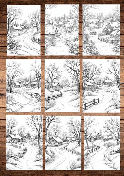 40 Frosty & Icy Winter Villages, Winter Coloring Pages, Adults Coloring, Instant Download, Greyscale, Printable Coloring Pages