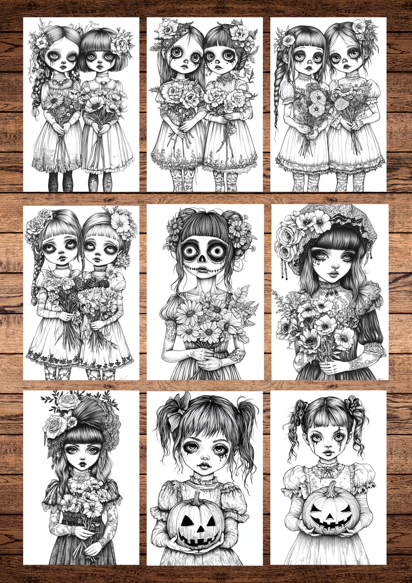 40 Scary Gothic Dolls, Halloween Coloring Pages, Adults & For Kids, Instant Download, Greyscale, Printable Coloring Pages