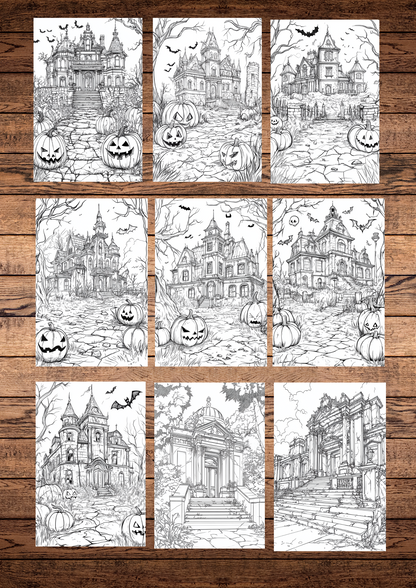 30 Haunted Forgotten Palaces, Halloween Coloring Pages, Adults & For Kids, Instant Download, Greyscale, Printable Coloring Pages