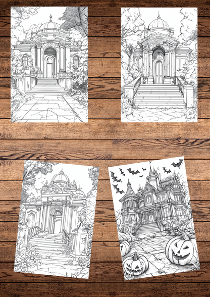 30 Haunted Forgotten Palaces, Halloween Coloring Pages, Adults & For Kids, Instant Download, Greyscale, Printable Coloring Pages