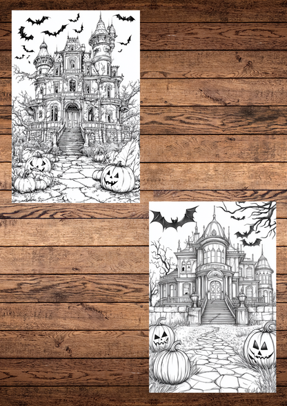 30 Haunted Forgotten Palaces, Halloween Coloring Pages, Adults & For Kids, Instant Download, Greyscale, Printable Coloring Pages