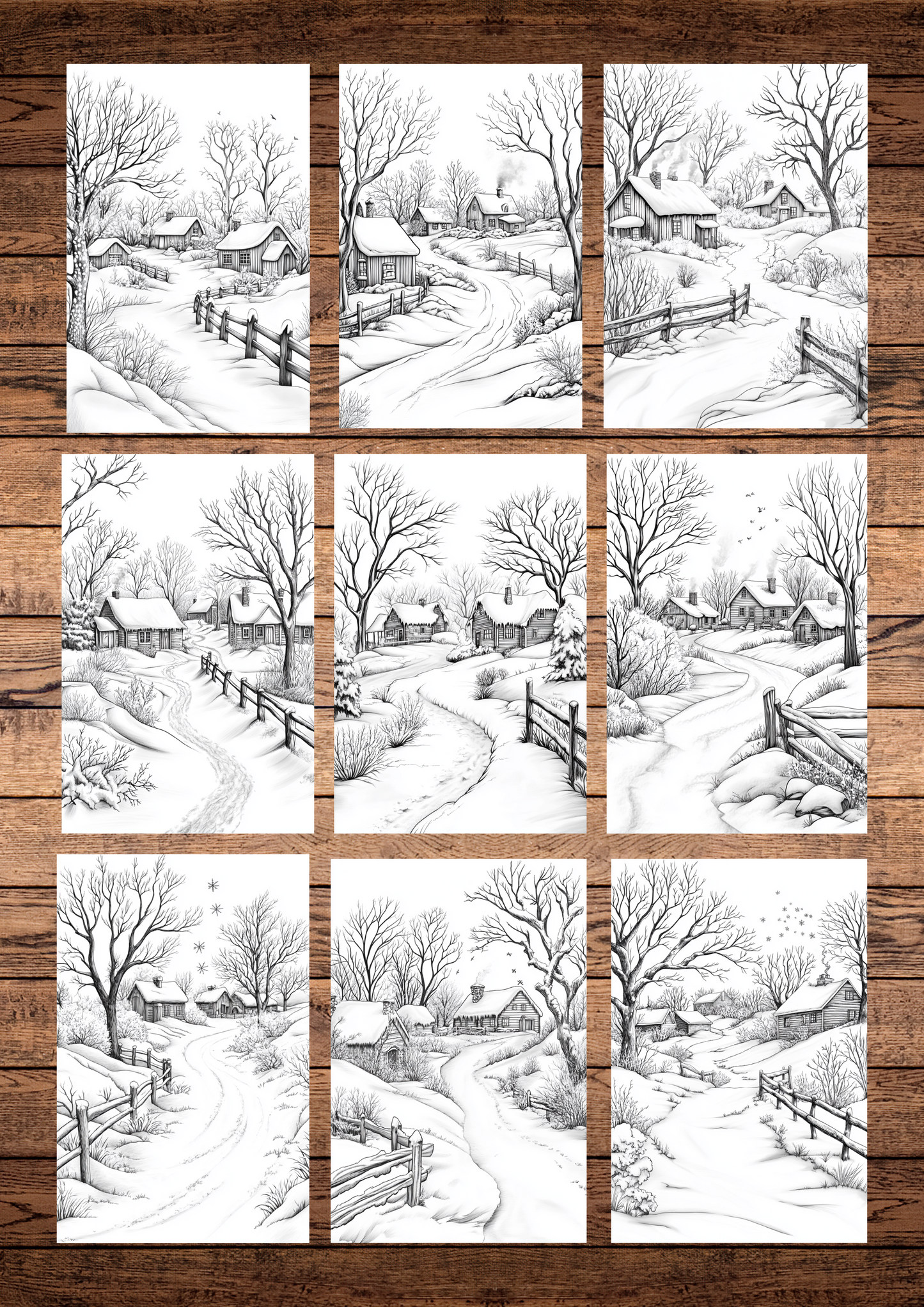 40 Frosty & Icy Winter Villages, Winter Coloring Pages, Adults Coloring, Instant Download, Greyscale, Printable Coloring Pages