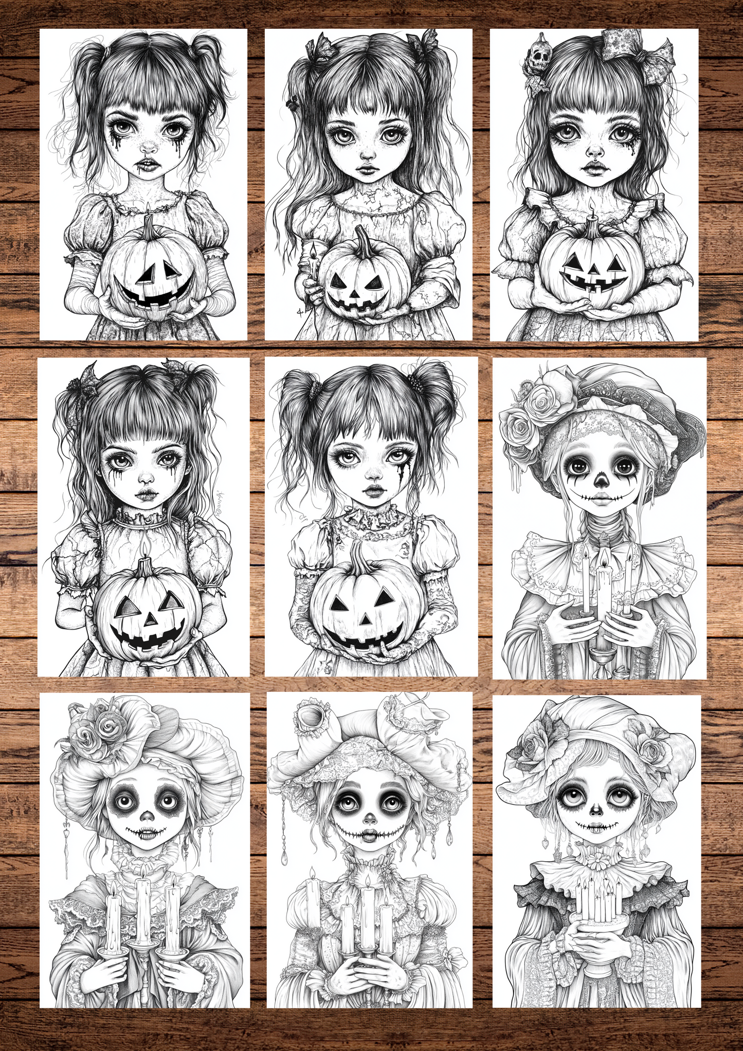 40 Scary Gothic Dolls, Halloween Coloring Pages, Adults & For Kids, Instant Download, Greyscale, Printable Coloring Pages