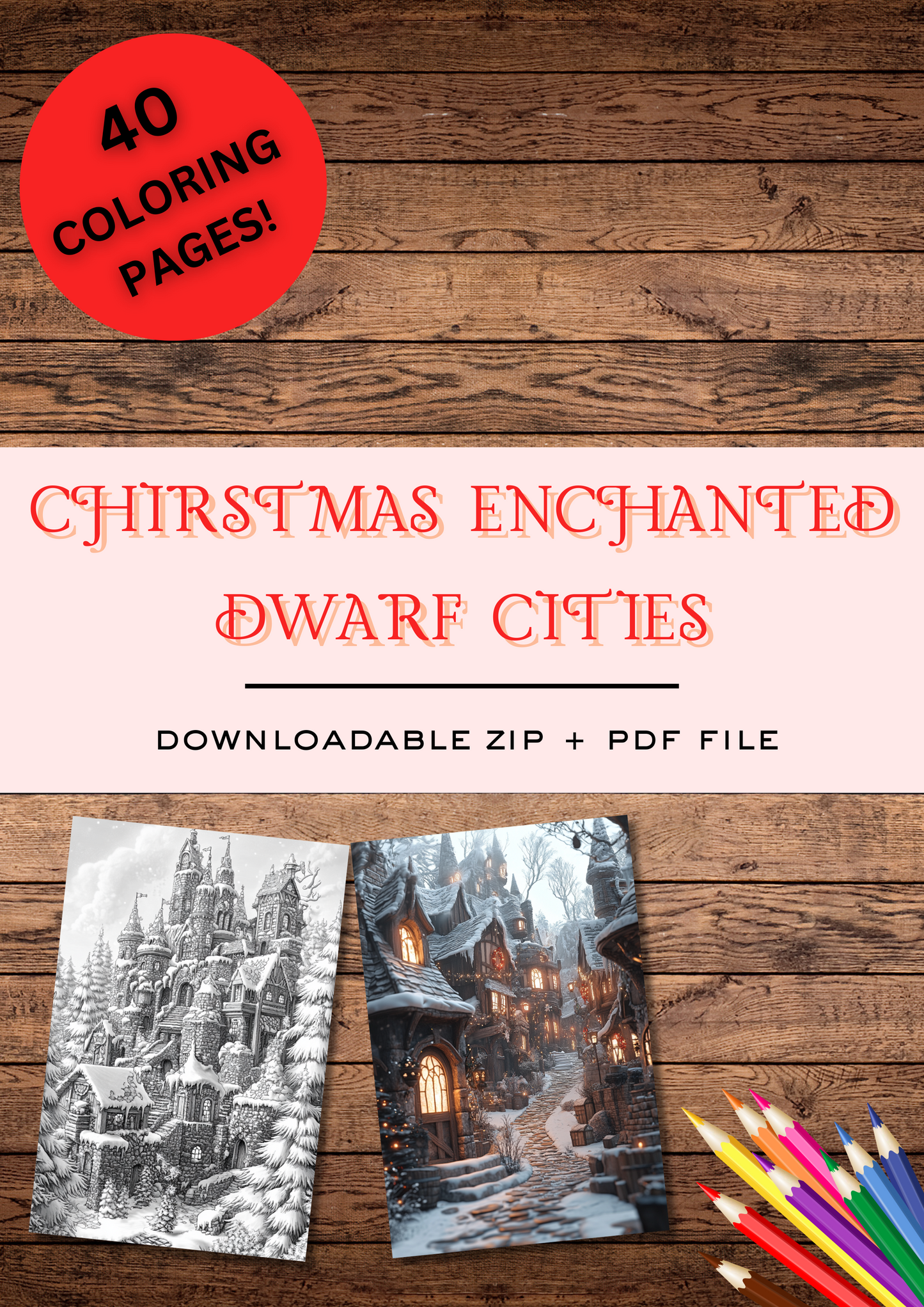 40 Christmas Enchanted Dwarf Cities, Christmas Coloring Pages, Adults Coloring Pages, Greyscale